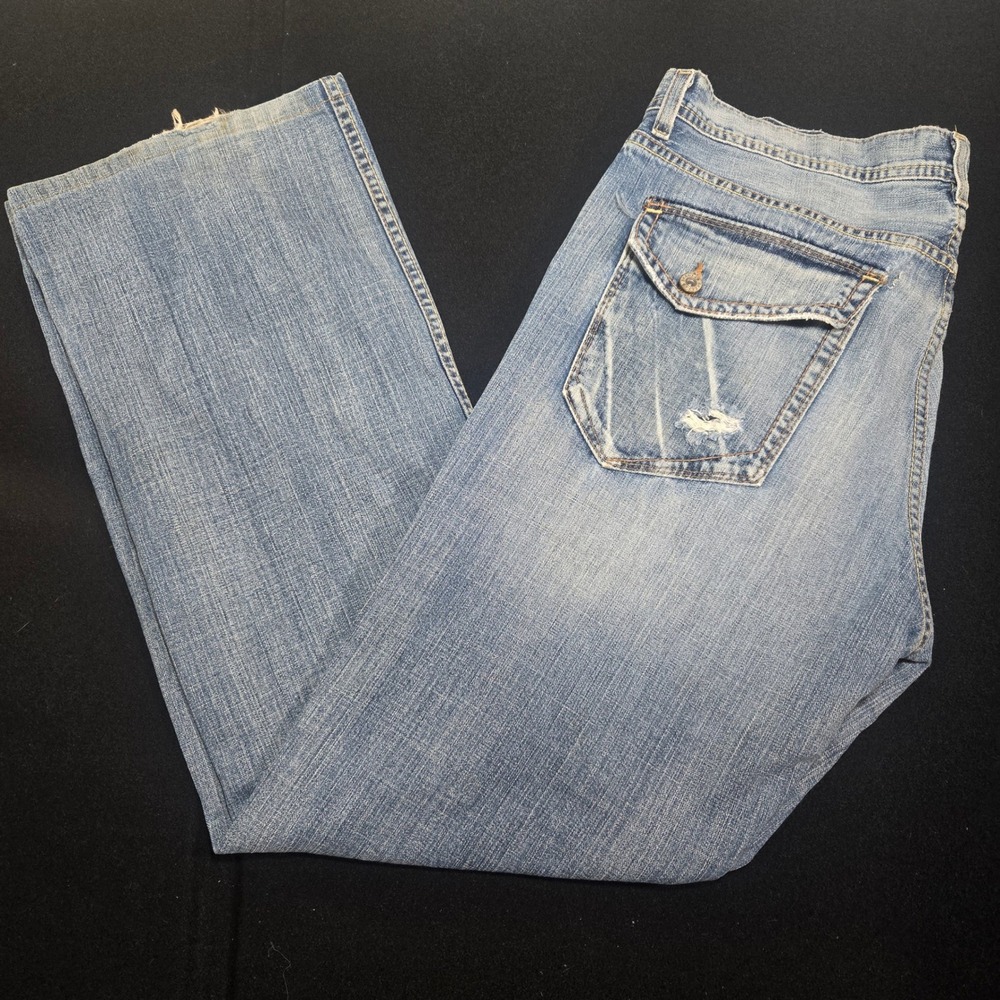 BKE Tyler Mens Straight Leg Jeans Light Wash Blue Distressed Denim 36x36/35 *pic